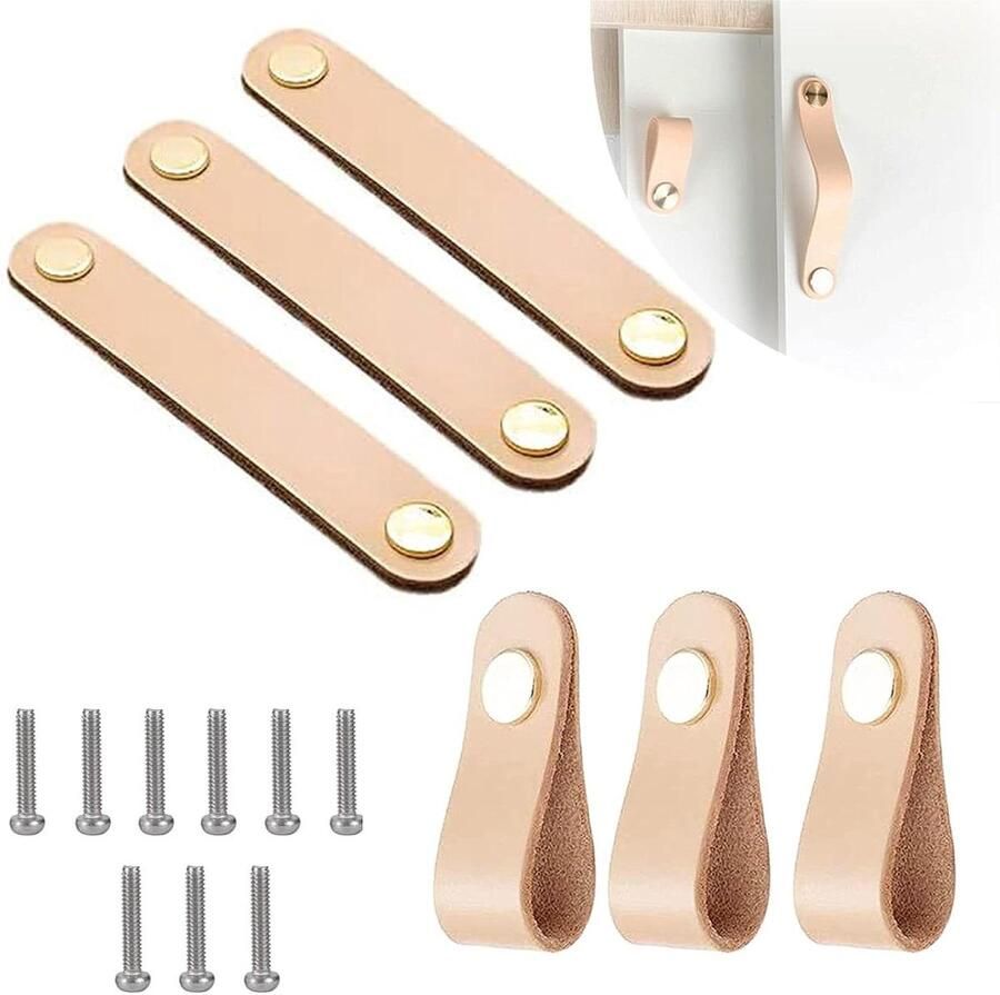 Allecto Plus 6 stuks leren meubelgrepen voor keukenkasten en badkamerkasten Inclusief schroeven 2 modellen