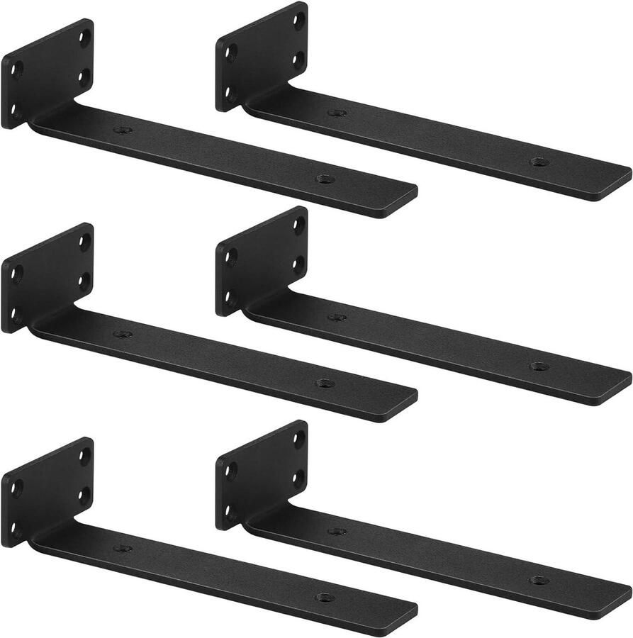 Allecto Plus 6 stuks metalen hoekplankdrager zwart 20 cm draagvermogen 68 kg heavy duty L-vormige hoek wandmontage houten bekleding tegels