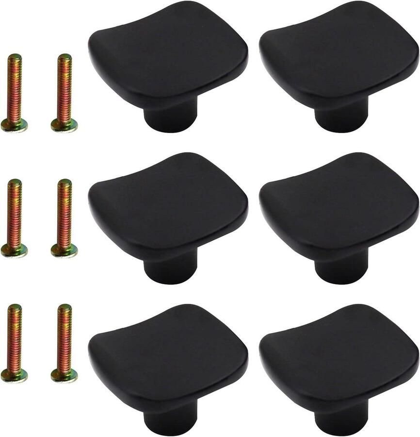 Allecto Plus Zwarte Vierkante Kastknoppen (6 Stuks) met Schroeven Zinklegering Handvat voor Keukenkasten Laden en Kisten