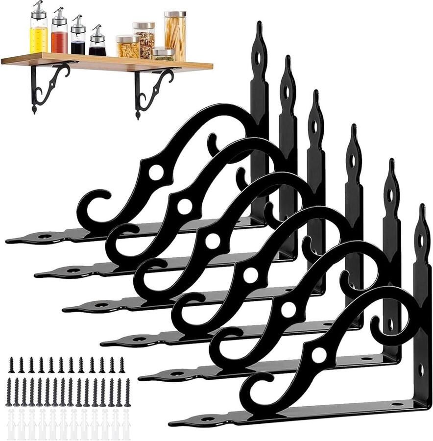 Allecto plus 6 stuks plankhouders 140 x 110 mm zwart zware belastingshoek met schroeven Metaal voor wandhouder rek hoekrek