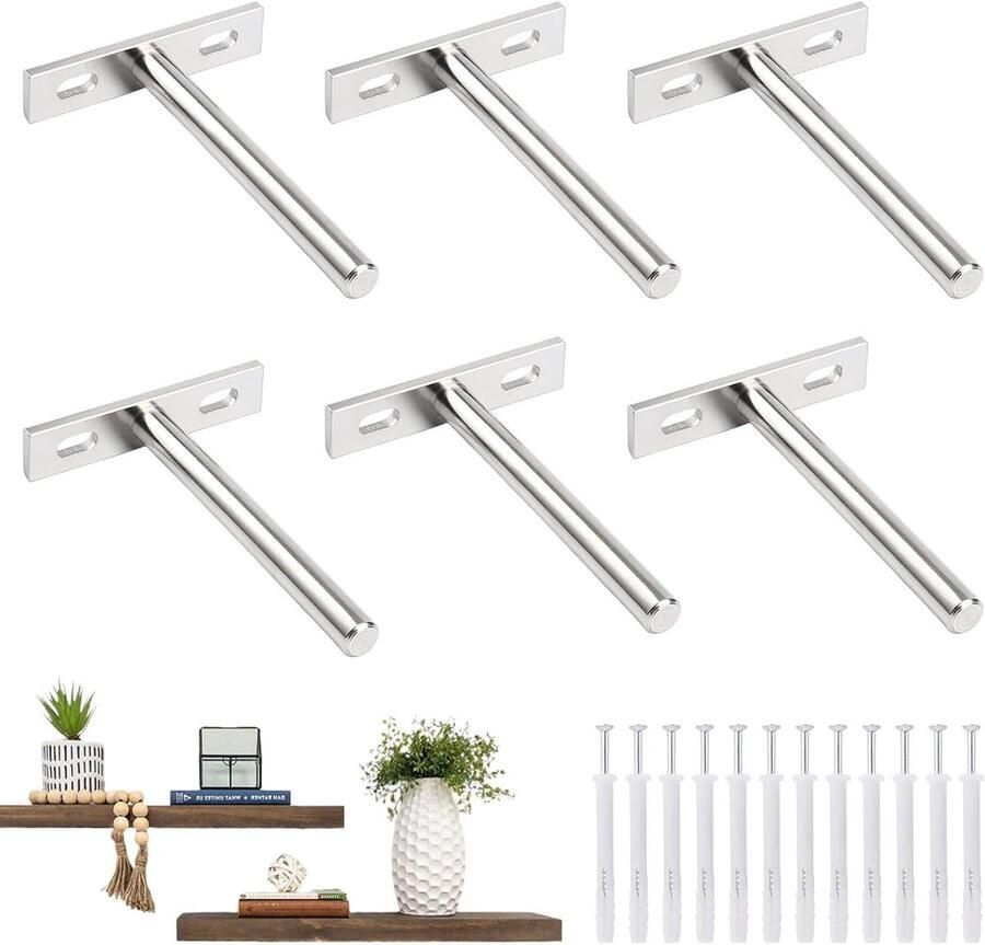 Allecto Plus 6 stuks plankhouders voor zware belasting 100 mm vernikkeld Onzichtbare zwevende plankdrager voor wandmontage kast meubels Inclusief schroeven