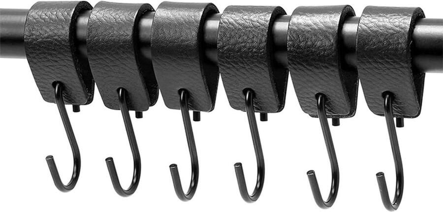 Allecto Plus 6 stuks S-haken met leren lus metaal ophanghaken voor handdoeken en jassen zwart garderobe accessoires