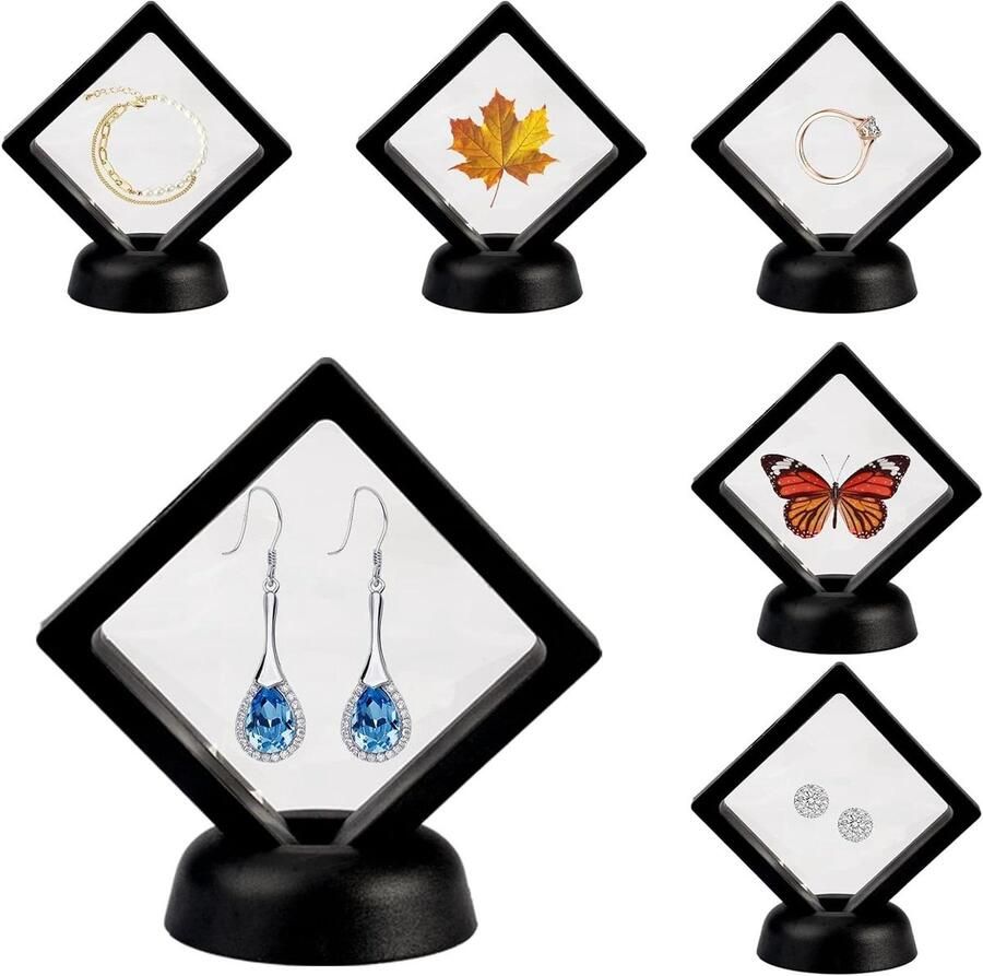 Allecto Plus 6 stuks Transparant 3D Zwevende Frames Sieradendisplay Zwart Halskettingen en Armbanden Vitrine Standaard Floating Frame Displayhouder