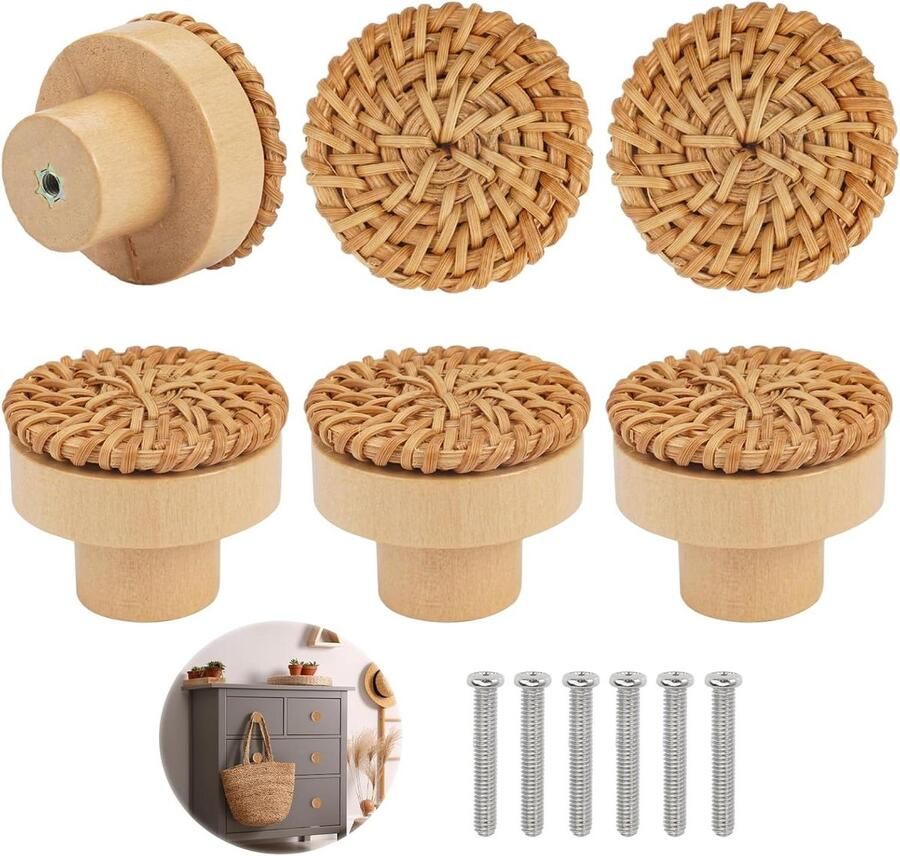 6 stuks rotan meubelknoppen hout 4 x 3 cm deurknop kast vintage rotan knoppen ronde houten ladegreep met schroeven voor kast laden woonkamer keukenkasten