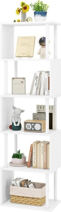 Allecto Plus 6 Tier S-vorm Boekenkast met Witte Finish voor Thuis Bibliotheek Ordenen