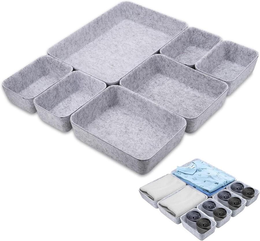 Allecto Plus 7-Pack Bureaulade-Organizer van duurzaam vilt voor thuiskantoor Lichtgrijs kantoorlade briefpapier en dressoir opgeruimd Organisatie van ladeorganizers