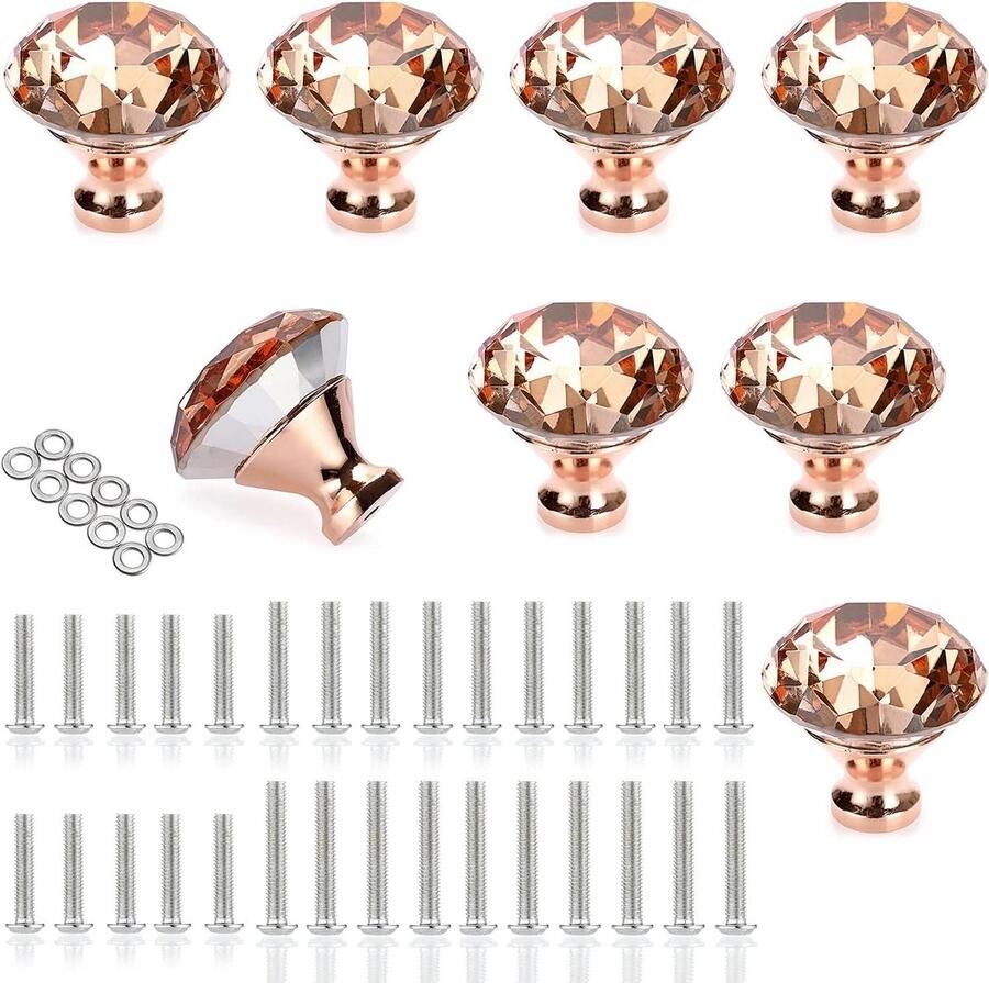 Allecto Plus 8-delige set kristallen glazen kastknoppen 40mm diamant geslepen lade handvatten Roze goud voor nachtkastje dressoir en kasten