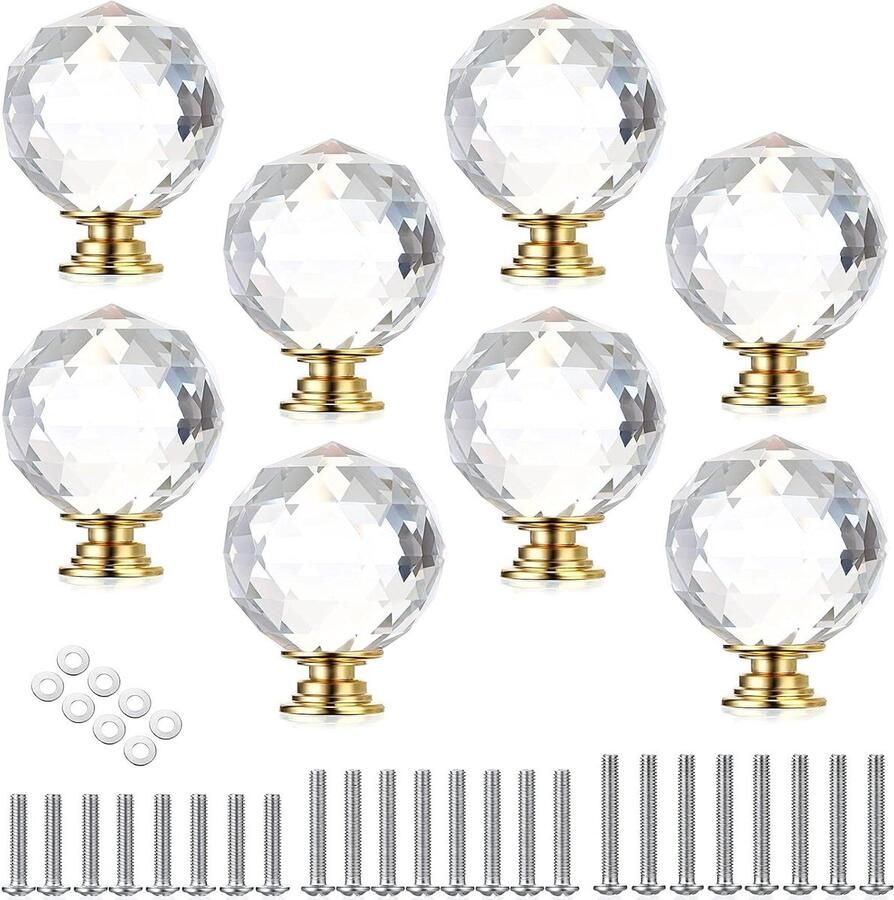 Allecto Plus 8-delige set Ronde Kristal Glas Kabinet Knoppen 40mm Decoratieve Handgrepen voor Nachtkastje Dressoir en Borst Gouden Finishing