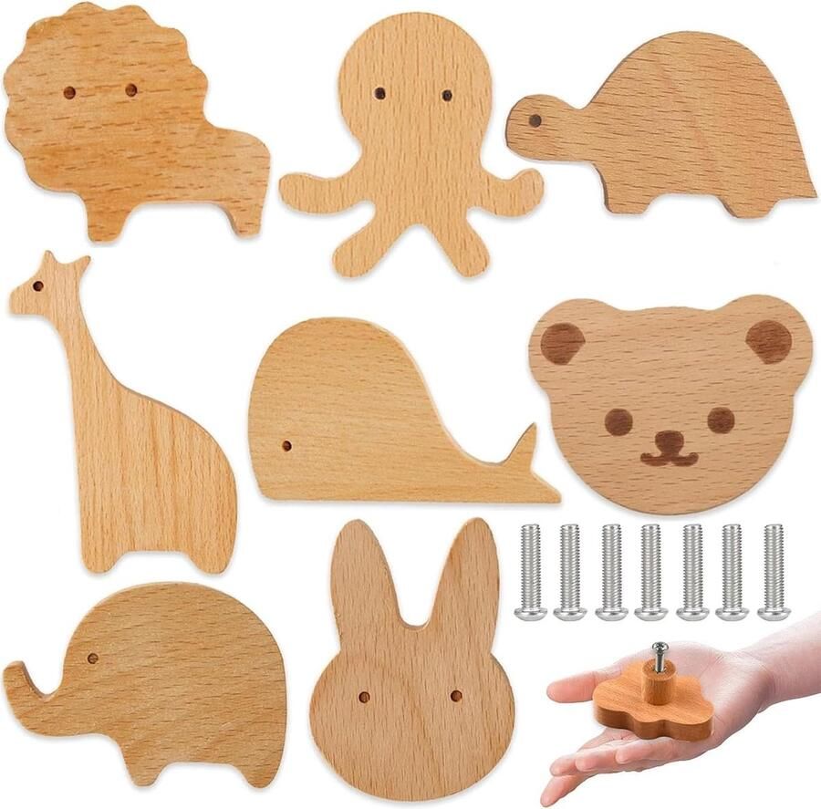 Allecto Plus 8 Stuks Houten Kastknoppen Kinderkamer Dier Meubelknoppen Decoratieve Knoppen met Diermotieven Inclusief Schroeven Kasten Ladegreep