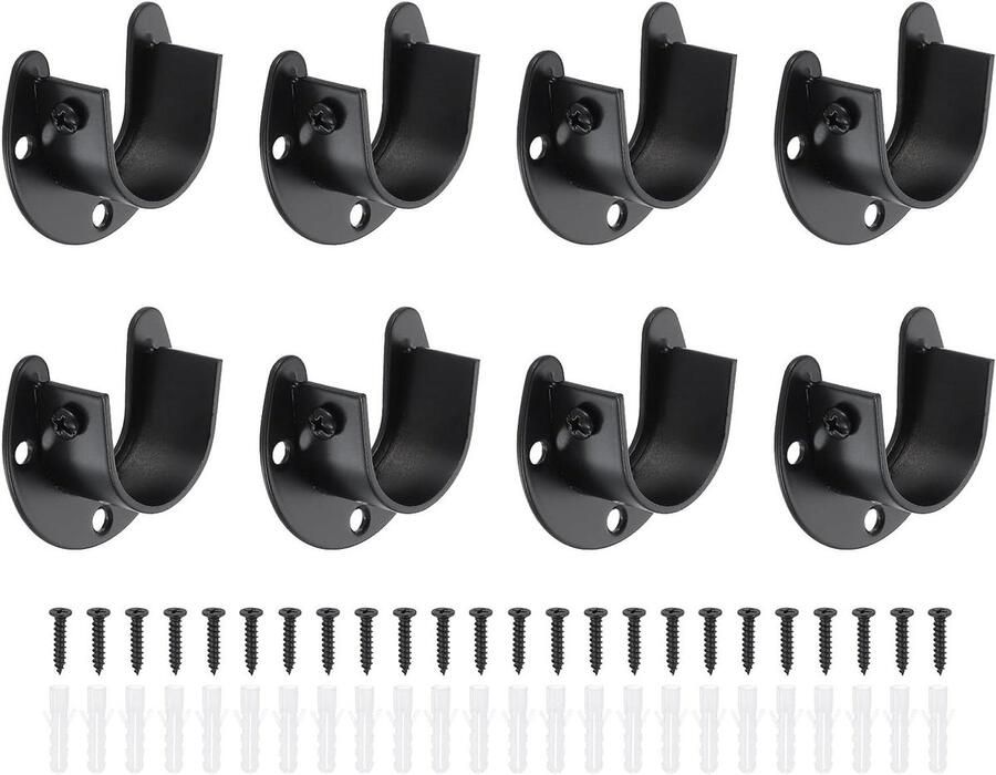 Allecto plus 8 stuks Kledingstangen Eindsteunen Roestvrij Stalen Flens Stanghouder met Schroeven Badkamer Kledingkast Gordijn Zwart Duurzame Hangersubby