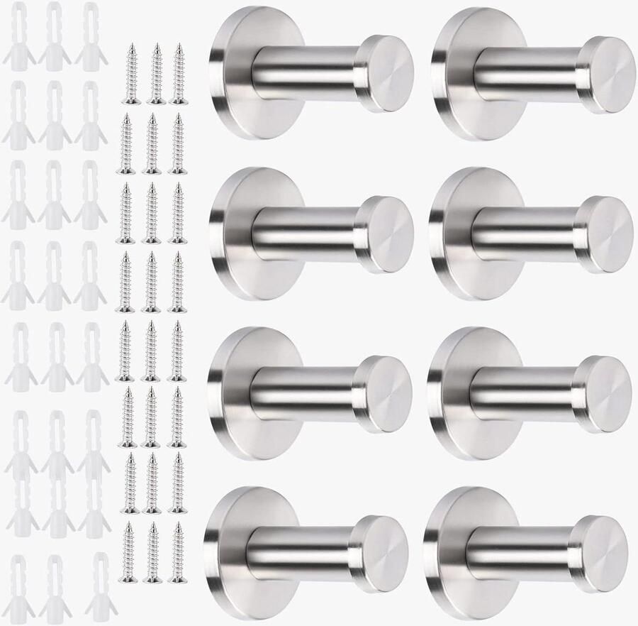 Allecto Plus 8 stuks zilveren wandhaken 55 mm van roestvrij staal Rond Garderobehaken Handdoekhaken Kledinghaken Inclusief 24 schroeven Voor slaapkamer badkamer kledingkast en woonkamer