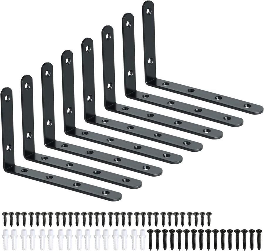 Allecto Plus Set van 8 zwarte plankbeugels voor zware belasting 125 mm x 75 mm x 20 mm metalen L-beugels voor wandgemonteerde planken thuiskantoor en opbergoplossingen
