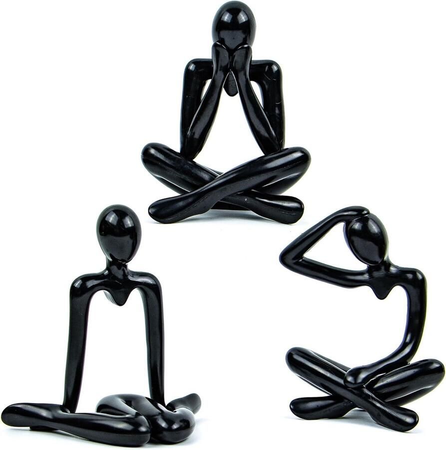 Allecto Plus Abstract thinker beeldjes voor thuis en kantoor Modern design Set van 3 stuks zwart Decoratieve sculpturen gemaakt van afneembaar plastic Voor op tafel en in de woonkamer