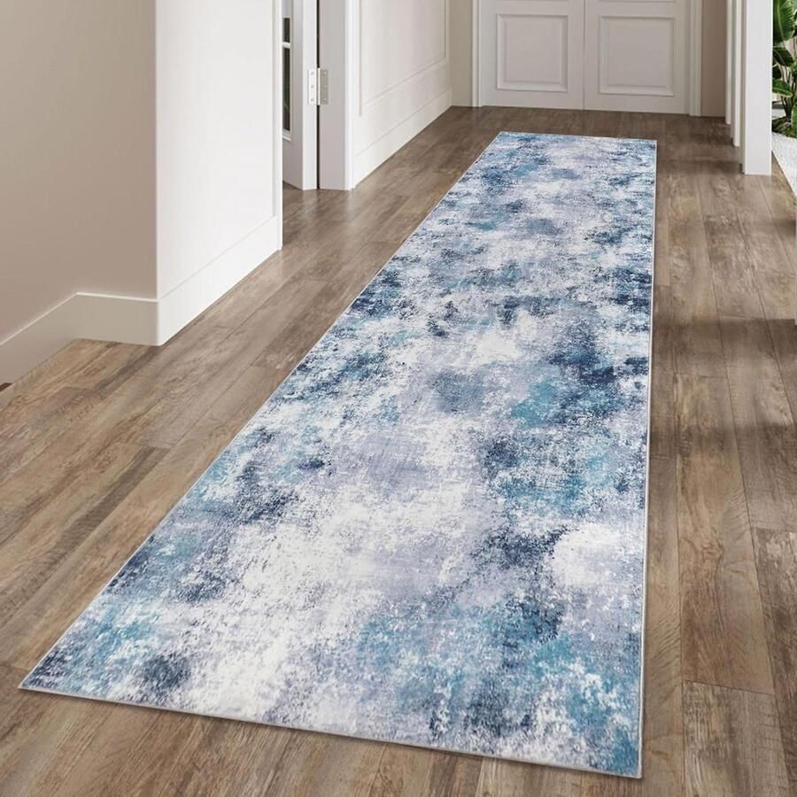 Allecto plus Abstracte gangtapijten 80 x 300 cm in moderne stijl voor keuken en slaapkamer Wasbaar vloertapijt in blauw met faux wollen materiaal Ideaal voor wasruimte