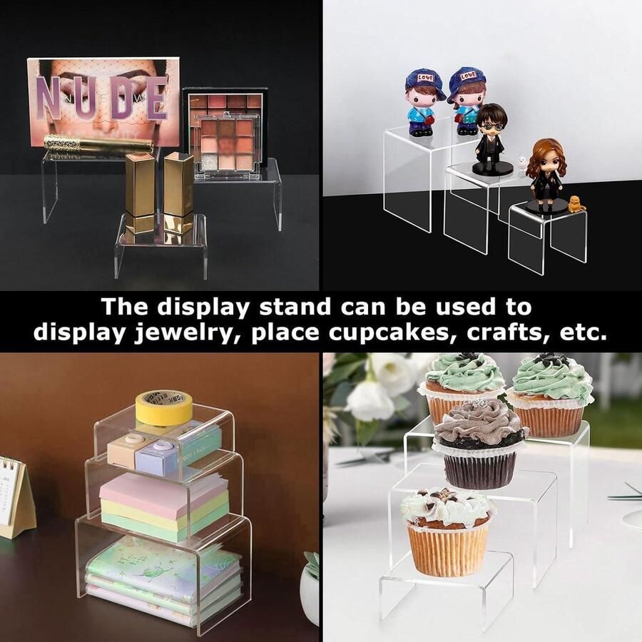 Allecto Plus Acryl houders transparant Rek in drie maten Vitrine voor sieraden en parfum Taartstandaard Knutselstandaard Luxe uitstraling Veelzijdig te gebruiken