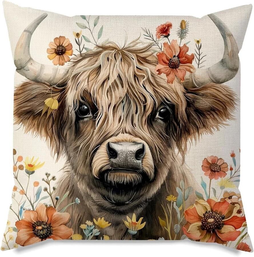 Allecto Plus Ademend Linnen Sierkussenhoes Highland Cow 45x45 cm Schotse Boerderijdecoratie Kussenhoes voor Bank en Sofa Machinewasbaar Cadeau voor Haar