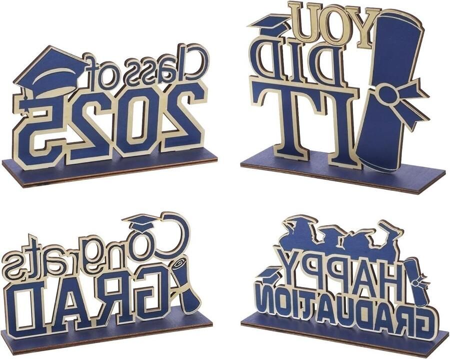 Allecto plus Afstudeerdecoraties Blauw Set van 4 Houten Gelaagde Dienbladtafelbord Klas 2025 Afgestudeerden Bureau Decoratie