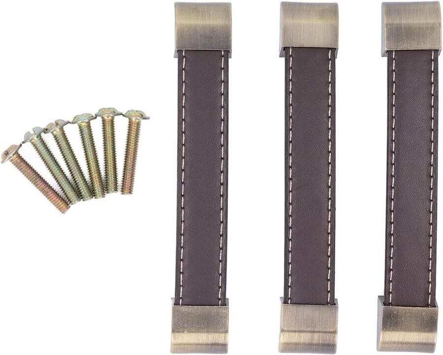 Allecto Plus Antieke ladegrepen set van 3 met schroeven voor kastdeuren en kasten Vintage design Handvat van leer Kastknoppen voor wijnkisten en bagage Bruin 148 x 24 x 18 cm