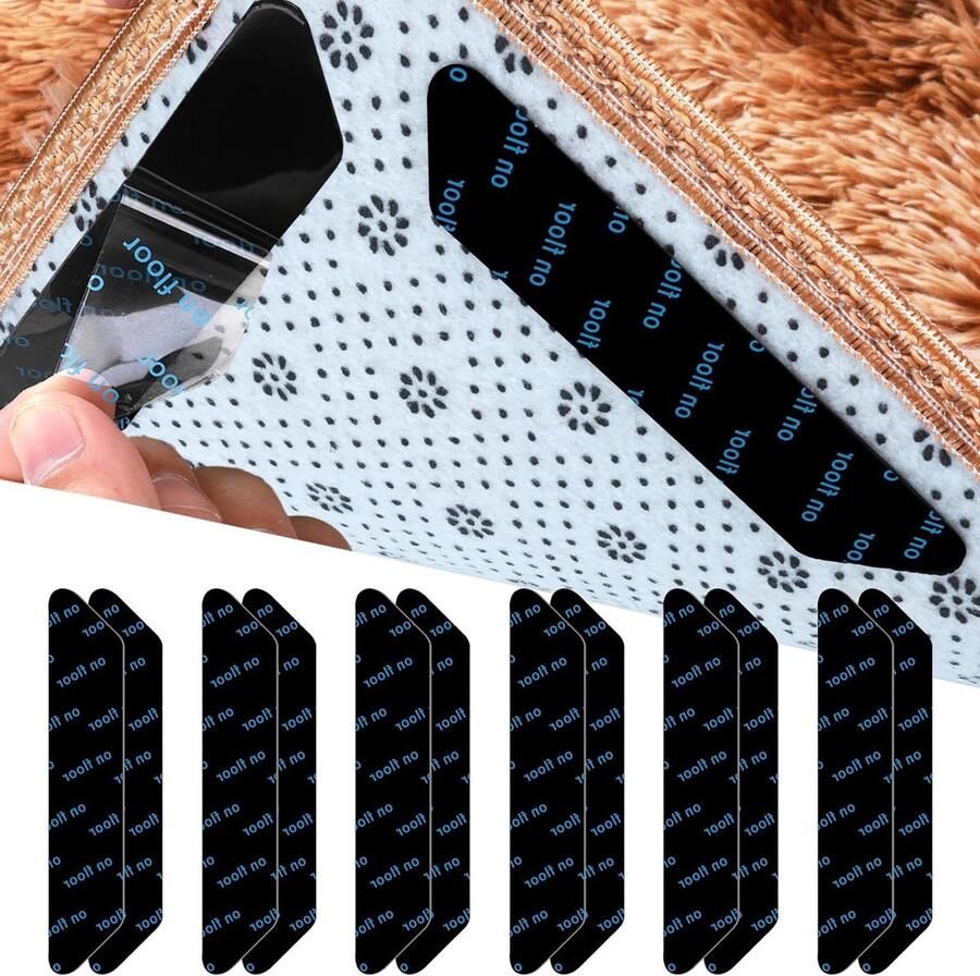 Allecto Plus Antislip tapijtbanden 12 stuks Herbruikbaar Antislip tape voor vloerkleed Harde vloeren Tapijtgrepen Wasbare tapijtpads