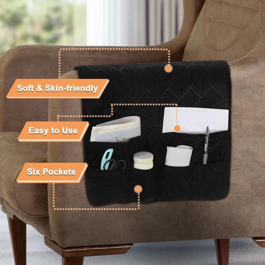 Allecto plus Armleuningorganizer voor bank antislip met 6 vakken voor boeken tijdschriften tablet telefoon zwart