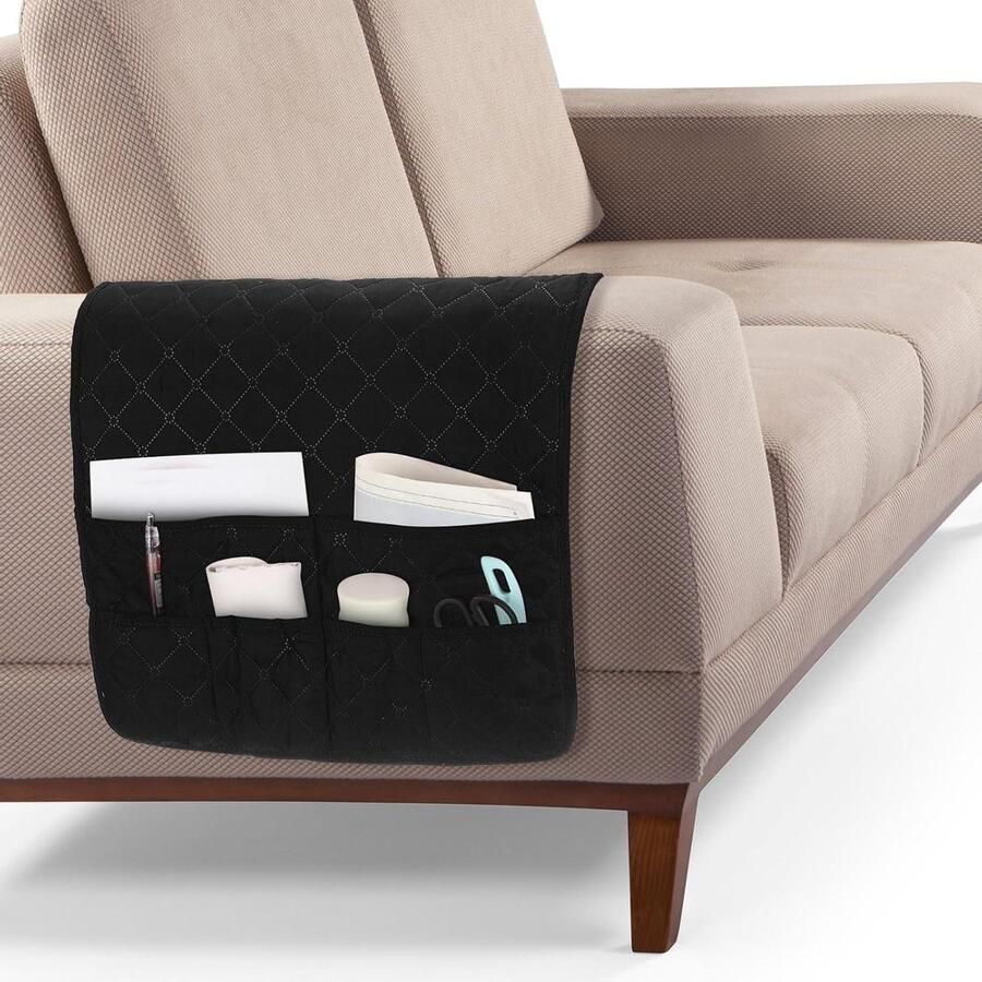 Allecto plus Armleuningorganizer voor bank antislip met 6 vakken voor boeken tijdschriften tablet telefoon Zwart Handig voor op de stoel of ligstoel