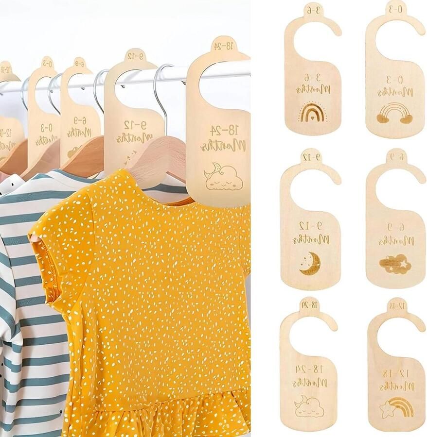 Allecto plus Babykledingkastverdelers 7 stuks Kledingorganizers Cartoon babykledingverdelers Peuters Pasgeborenen Houten kluisje garderobe scheiders 24 maanden