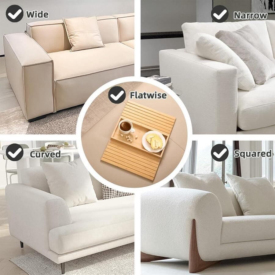 Allecto plus Bamboe Dienbladtafel voor Sofa met Armleuningen en Antislip Achterkant Verstelbare Bijzettafel voor Drankjes Snacks Afstandsbediening en Tijdschriften Ideaal Woonaccessoire