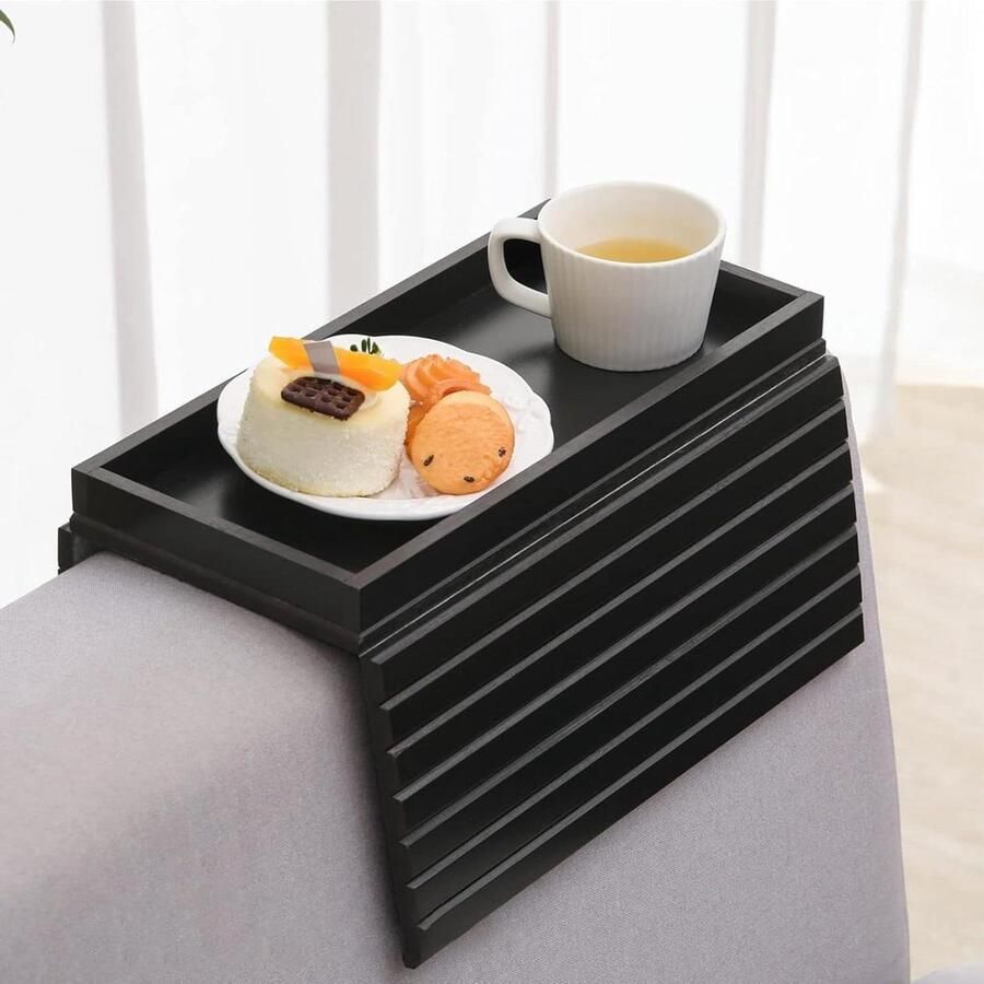 Natuurlijke bamboe sofa armsteun tafel voor bank armsteun tafel antislip bankbekerhouder voor snacks telefoon controle bekers flexibel en opvouwbaar zwart