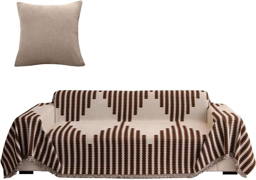 Allecto Plus Bankdeken voor 2-3 4-zits Bank Katoen Wasbaar Antislip Vuilafstotend Kussenbank Deken Bedsprei Naadloos Kwastje 180 x 300 cm Gestreept Koffiekleurig