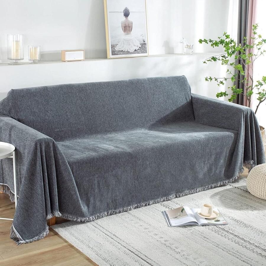 Allecto Plus Grote Grijze Bankplaid voor 2 3 4 Zitsbank Wasbaar en Antislip 180x300cm