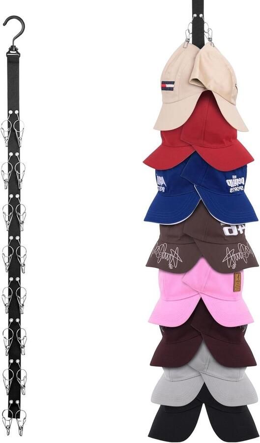 Allecto Plus Baseball Pet Organizer Opbergsysteem Voor Kast (2 Stuks) Verticaal Hangende Pettenrek met 32 Roestvrijstalen Clips Wandgemonteerd Opbergdisplay voor Sportpetten Beanies en Meer 100 cm