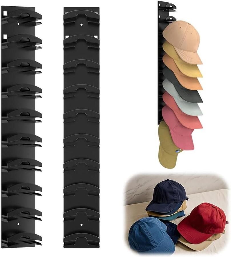 Allecto Plus Baseballcap Organiser Wandhouder Zwart voor Kledingkast Geen Boren Needed