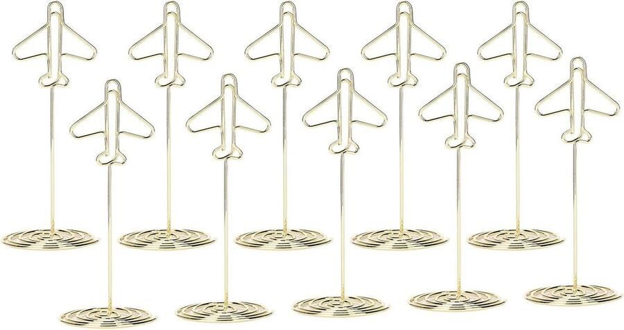 Allecto plus Berichtclip Houder voor Bureau 10 Stuks Gouden Metalen Vliegtuig Foto Clip Geschikt voor Buskaarten met Basishouder