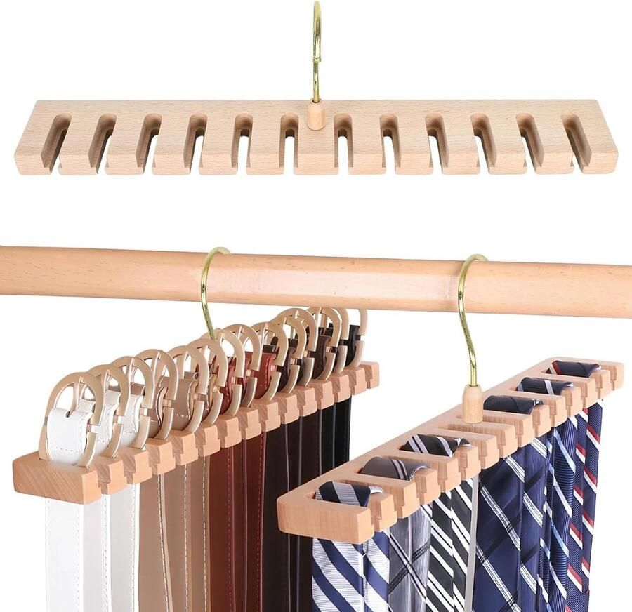 Allecto Plus Houten Riemhanger 360 Graden Roterend Kledingkast Organiser Sjaal en Stropdas Opberger Ruimtebesparend Beukenhout