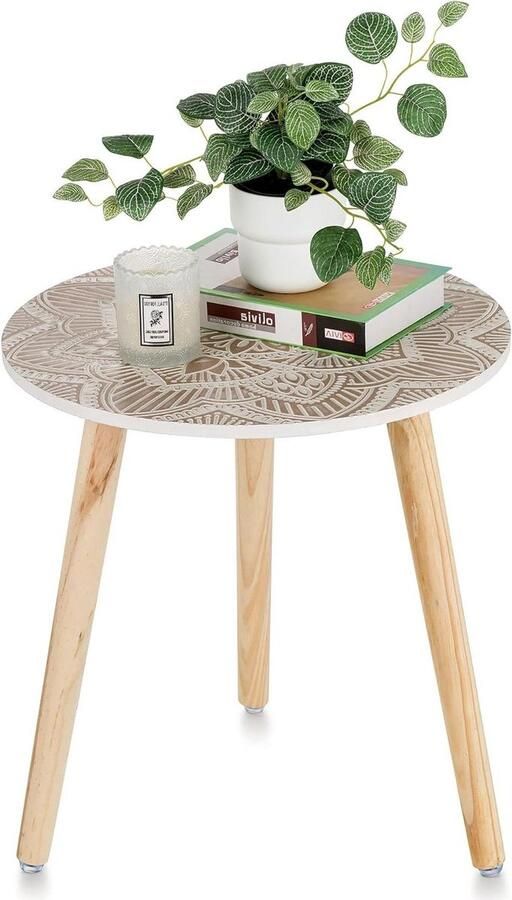 Allecto plus Bijzettafel boho bloemen voor woonkamer en slaapkamer. Boheems accent met 3 houten poten eenvoudige montage. Vernieuw uw interieur met deze decoratieve tafel