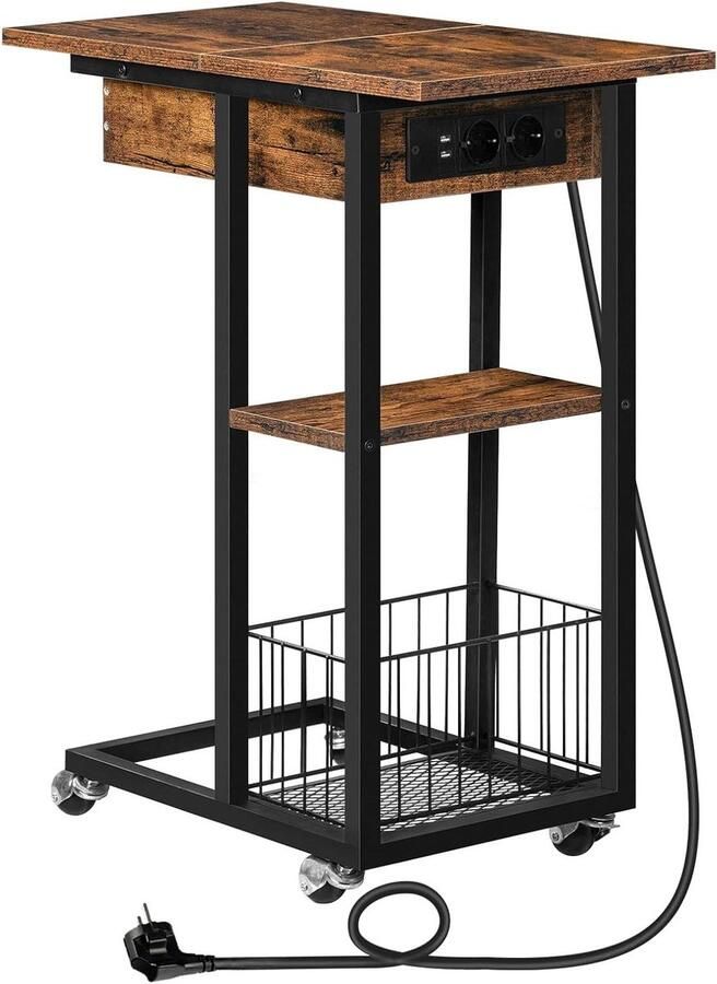 Allecto Plus Bijzettafel met laadstation en wielen Donkerbruine C-vormige tafel voor woonkamer en slaapkamer met legplank