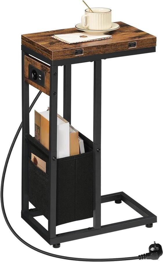 Allecto Plus Bijzettafel met laadstation inklapbare C-vormige salontafel voor woonkamer vintage bruin en zwart met USB-poorten