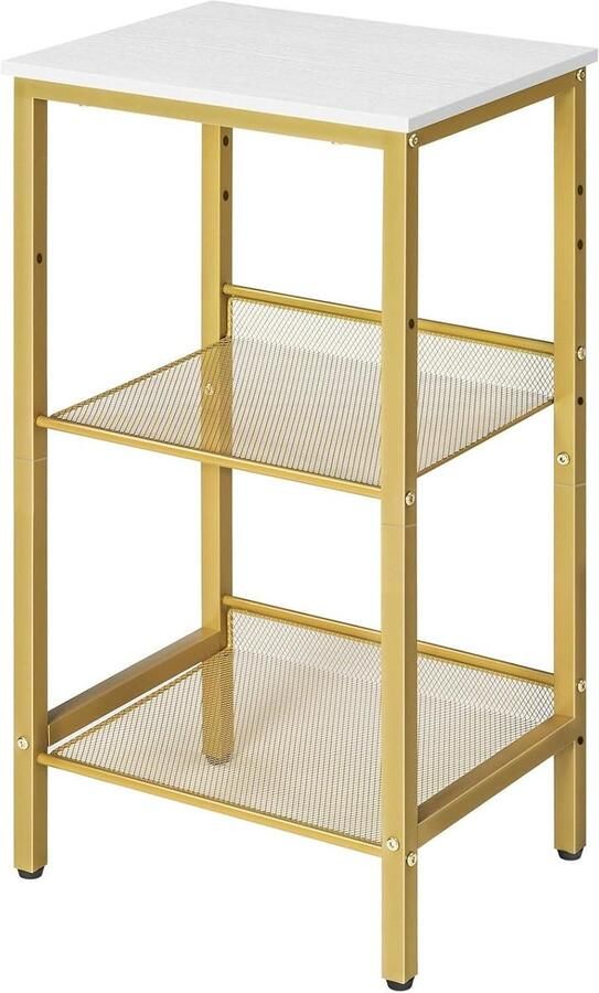 Allecto Plus Bijzettafel nachtkastje telefoontafel met verstelbare netplanken in industriële stijl voor kantoor en woonkamer hoog en smal wit en goud