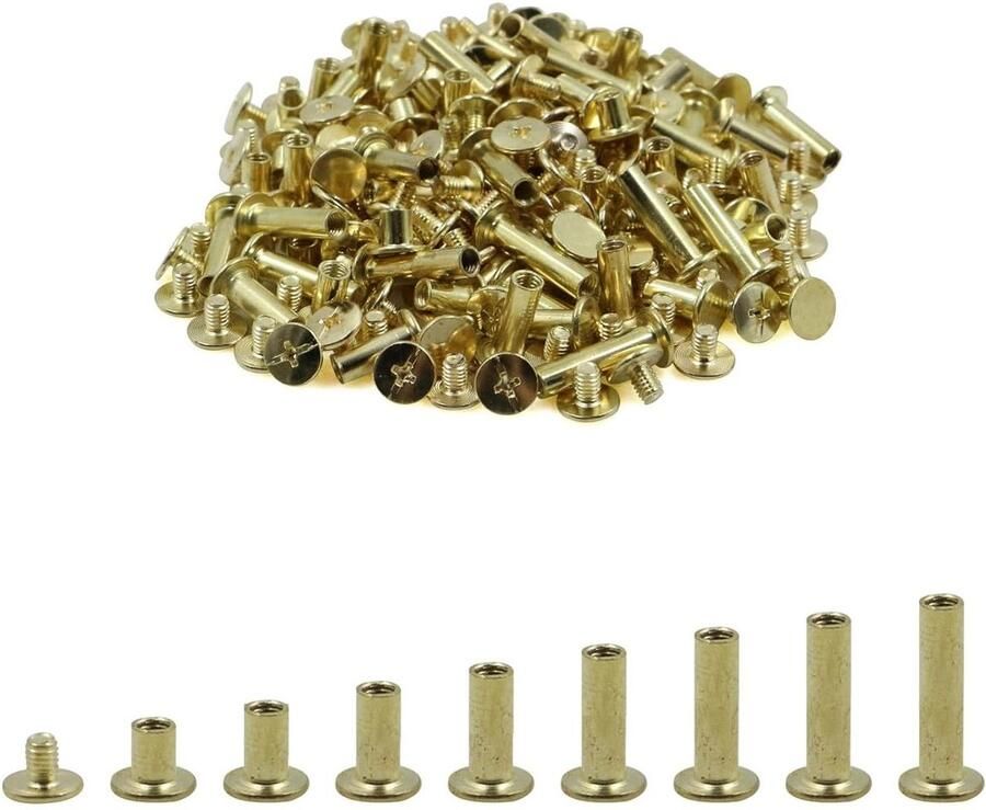 Allecto plus Binding schroeven Chicago 80 stuks messing bindschroeven knop 8 maten leer knutselriem portefeuille decoratie boekbinder. M5 x 6-20 mm. Duurzame nagelklinknagels