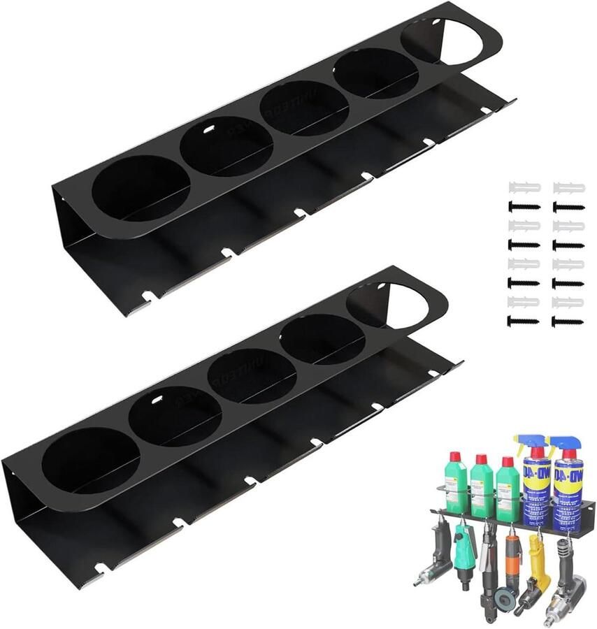 Allecto Plus Blikhouder voor spuitflessen opbergrek met 5 gaten en 6 sleuven wandrek voor spuitblikken spuitbushouder voor werkplaats set van 2 stuks