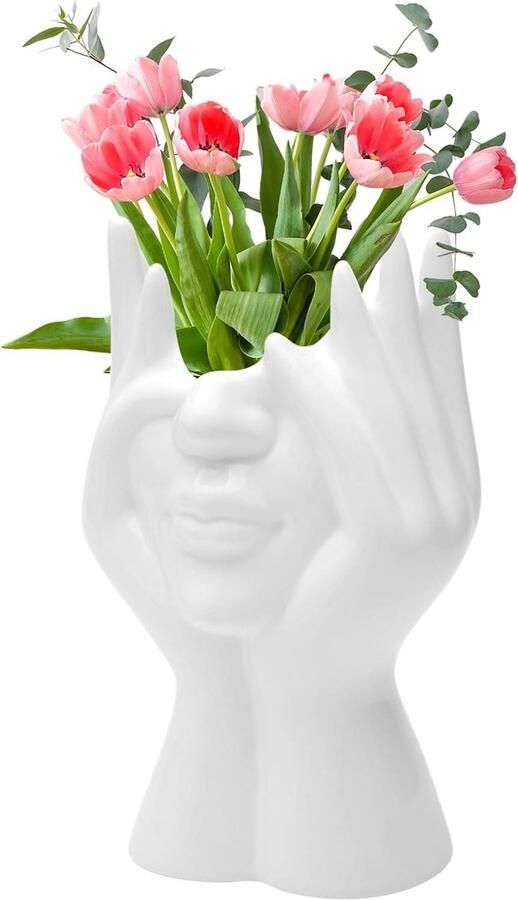 Allecto plus Bloemenvaas van keramiek in wit 19 x 9 cm voor tulpen en decoratie op tafel en bureau