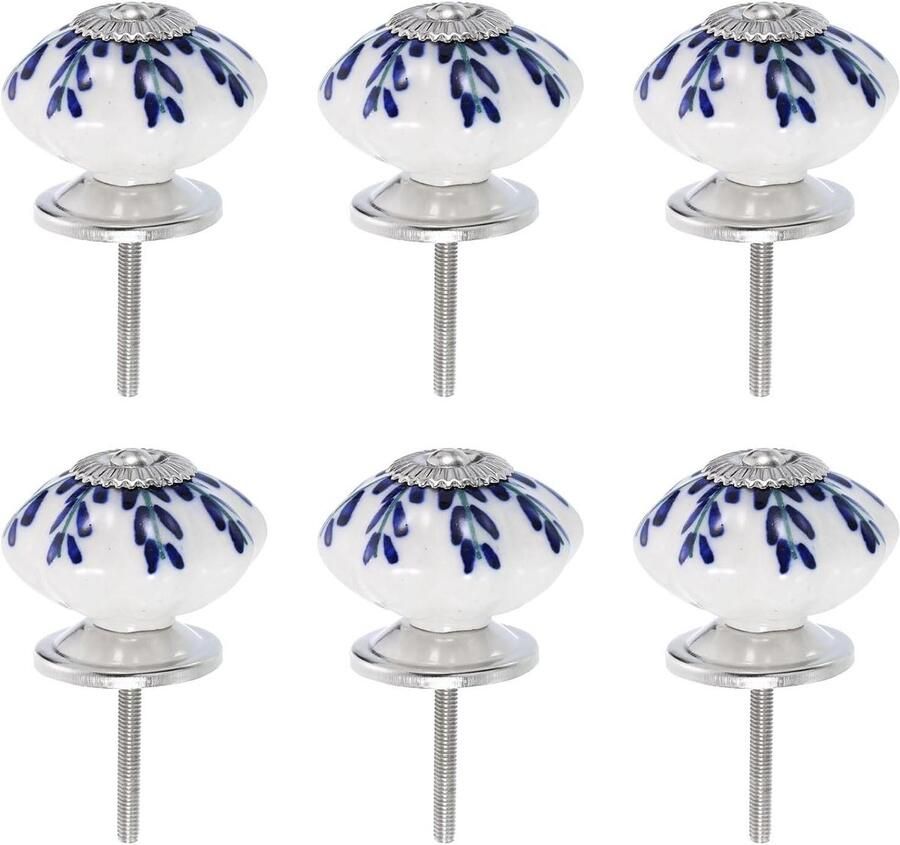 Allecto plus Set van 6 bloemkeramische trekknoppen voor keukenkast deur kledingkast Vintage design met wilgenblad en blauwe keramische details Pompoen knoppen optimaliseren jouw interieur met stijlvolle accenten
