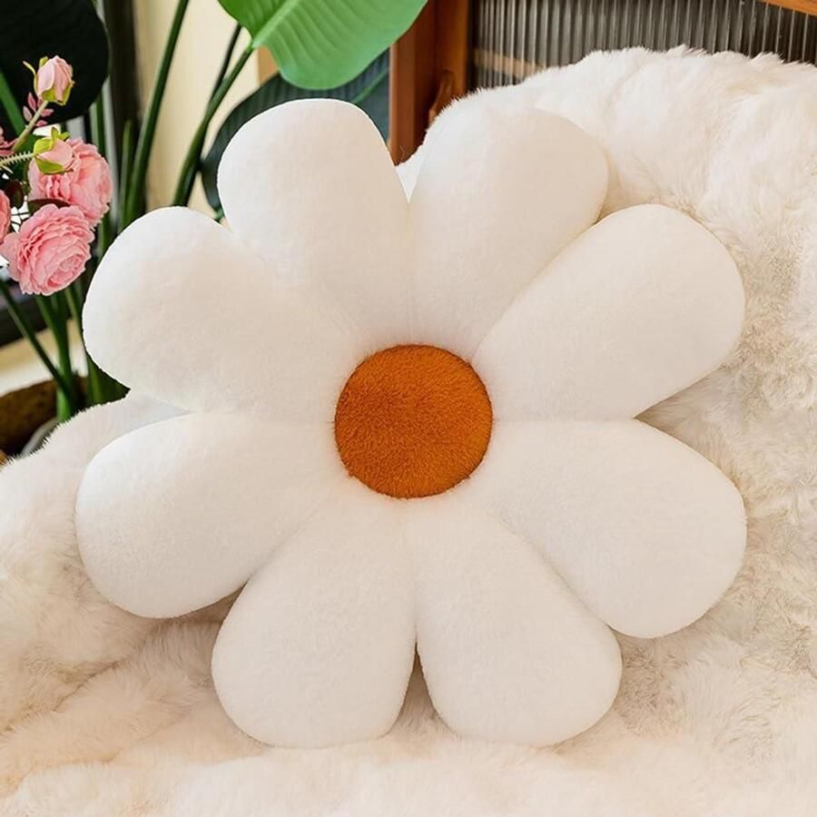 Allecto plus Bloemkussen 50 cm Decoratief sierkussen voor meisjeskamer Madeliefmotief Zitkussen voor bank bed en stoel Wit Bloemvormig