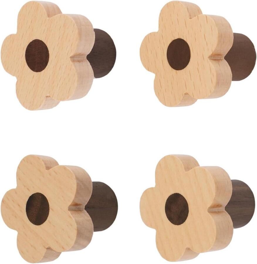 Allecto Premium Set van 4 houten bloemvormige kastknoppen Beukenhouten handgrepen voor kinderkamer dressoir Inclusief schroeven Uitbreidingsbuis inbegrepen