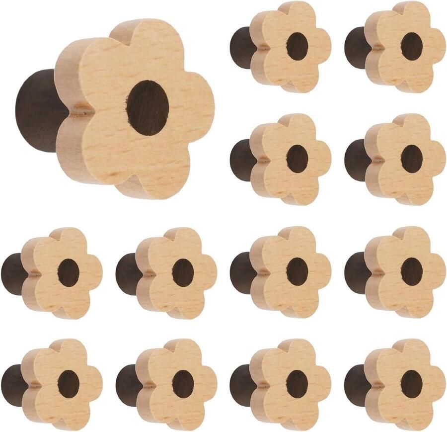Allecto plus Bloemvormige Houten Knoppen 12 stuks Enkel Gat Beuken Hout Kast Handgrepen met Schroeven Ladekast Accessoires