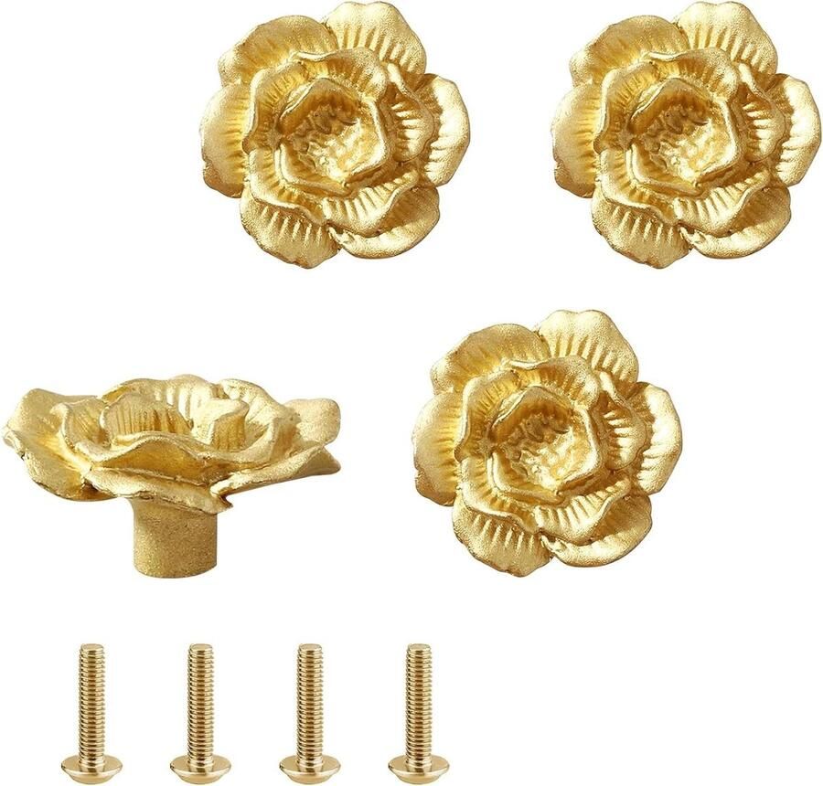 Allecto Plus Bloemvormige knoppen (4 stuks) Goudkleurig Meubelknoppen Ladekast Messing handgreep Keukenkast (32x15mm)