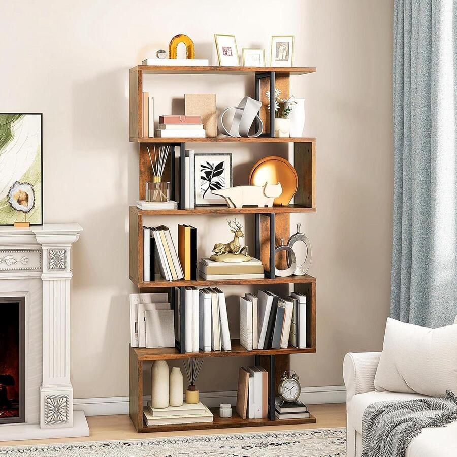 Allecto Plus Boekenplank met 5 niveaus en S-vormige Z-plank Industriële boekenkast met stalen frame Staande displayplank voor slaapkamer woonkamer en thuiskantoor Rustiek bruin design