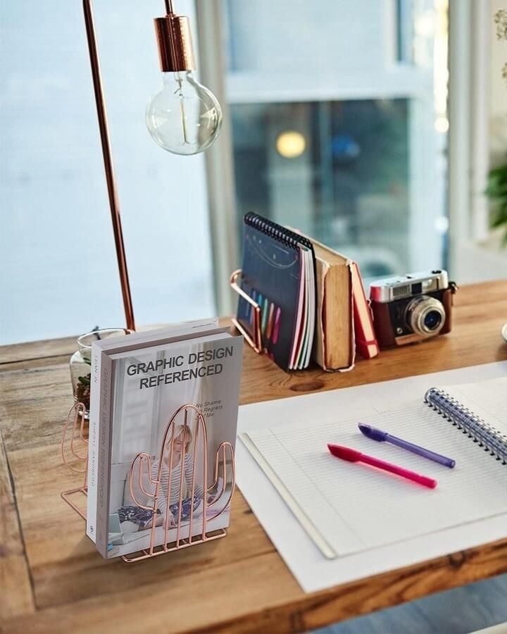 Allecto Plus Boekensteunen 2 paar metalen antislip boekenstandaard voor kinderen cactus boekenrek voor thuis slaapkamer bibliotheek kantoor schoolboek weergave bureaublad organizer decoratief (roségoud)