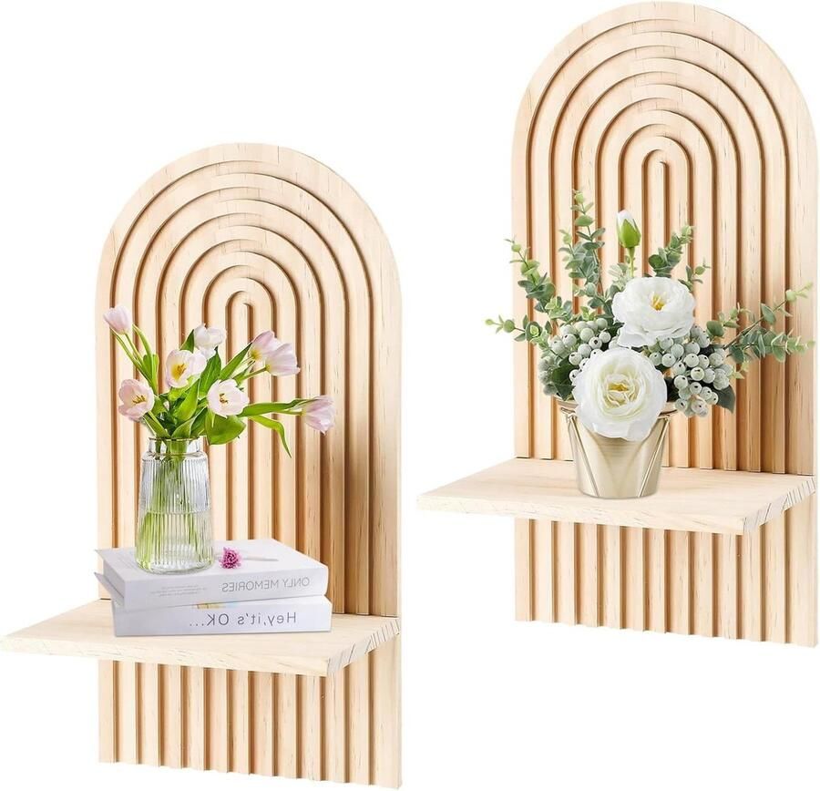 Allecto Plus Boho houten regenboog wandrek voor kinderkamer en woonkamer Decoratief hangrek met wandplanken voor planten en kunst Boheemse stijl Boerderij wanddecoratie op maat
