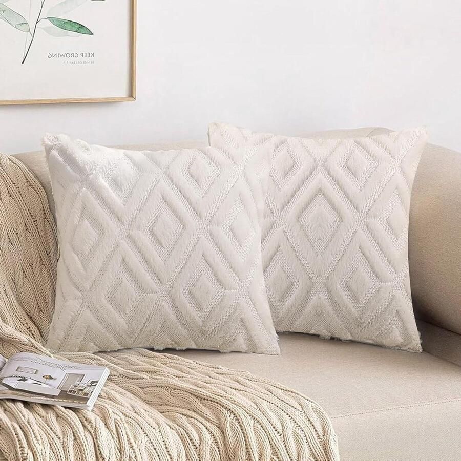 Allecto Plus Boho Kussenslopen Set 40 x 40 cm Beige Pluche Sierkussenhoezen voor Bank en Slaapkamer